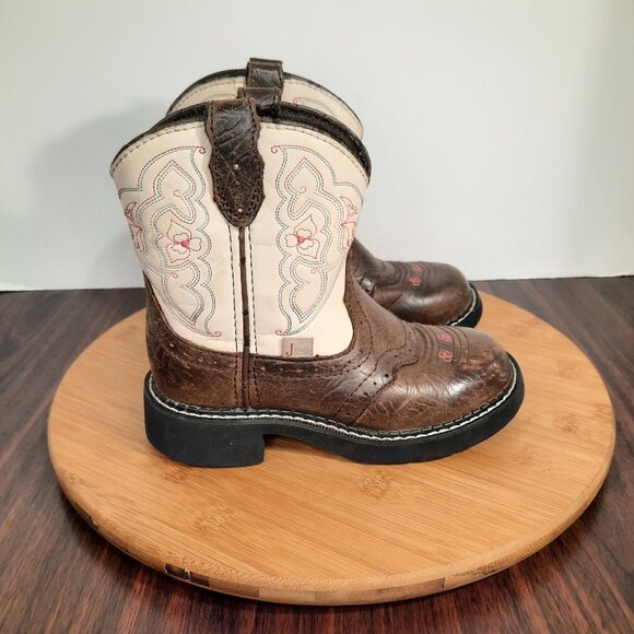 Justin Gypsy Girls Size 12 Boots Cream Brown Leather Pull On Western Cowgirl - Picture 1 of 10